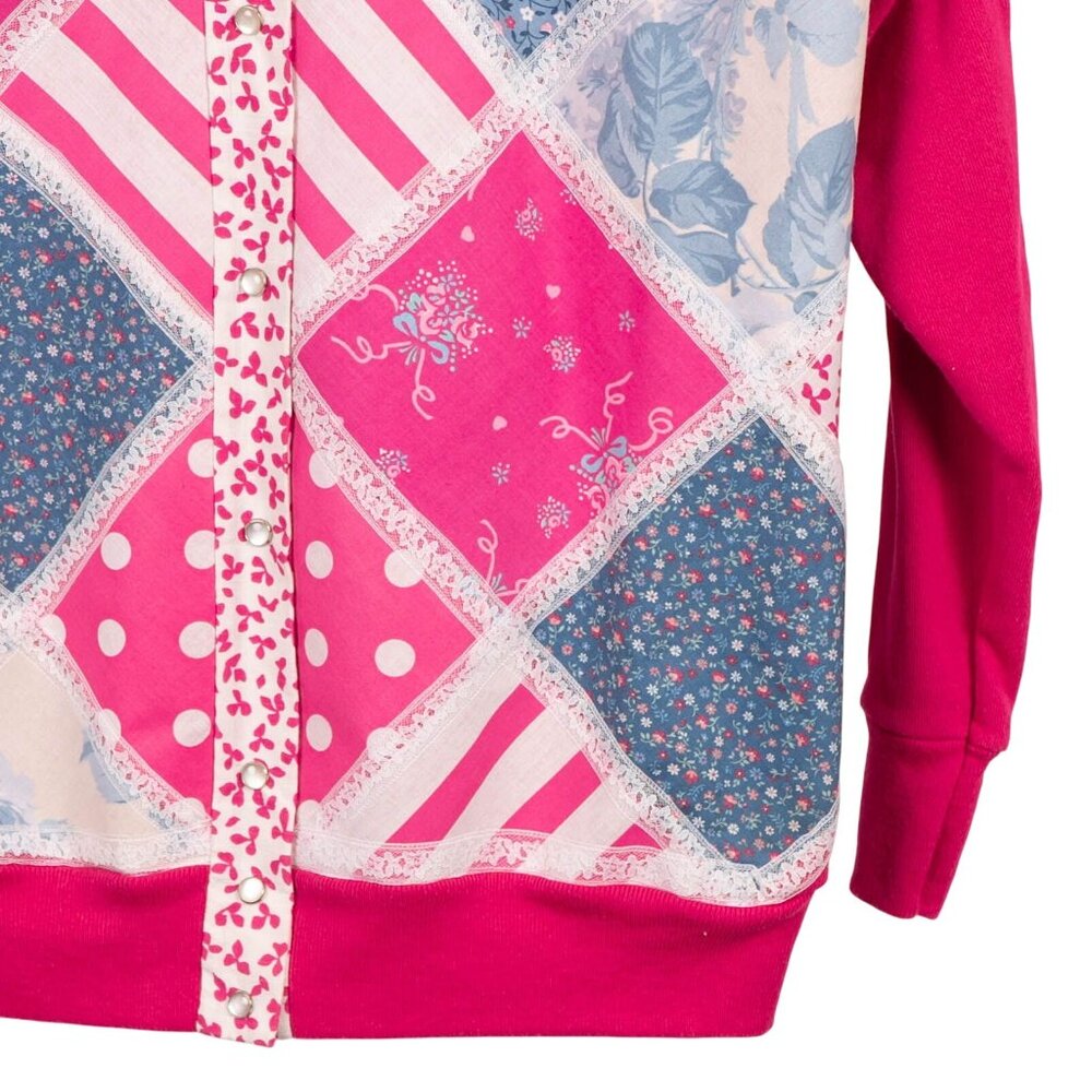 Plaid Patchwork Cardigan Sweatshirt Sweatpants M Pink Floral Lace 90s Mom Cozy - Picture 6 of 13
